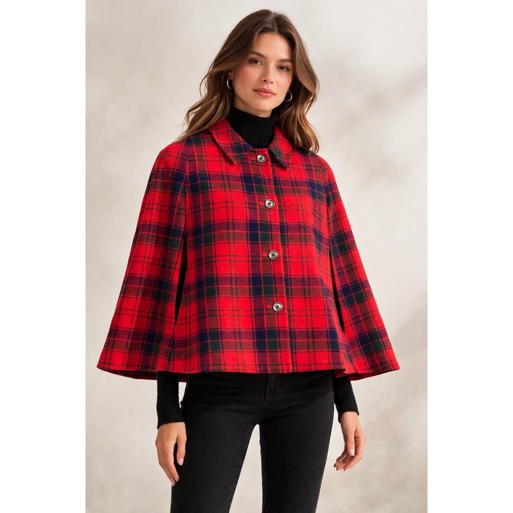 Vintage Red Plaid Wool Cape Button Front Tartan Poncho Coat‎ Reversible